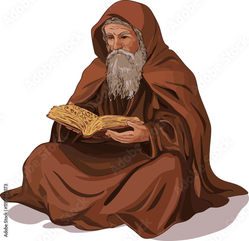 Vector illustration of a wise old man in a brown robe reading a book, ideal for education and storytelling themes.