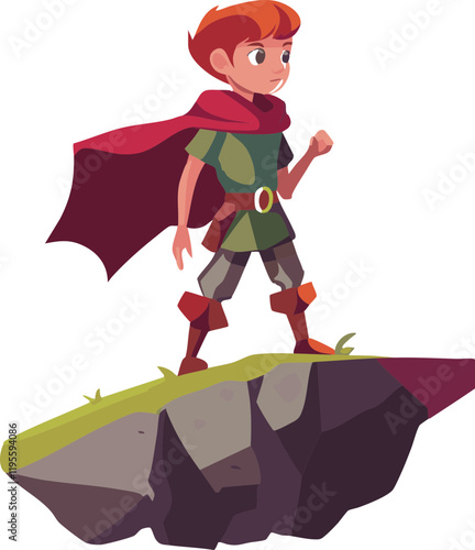 Vector Illustration of a Brave Young Hero Standing on a Rock, Wearing a Green Outfit and Red Cape, Ideal for Adventure Themes