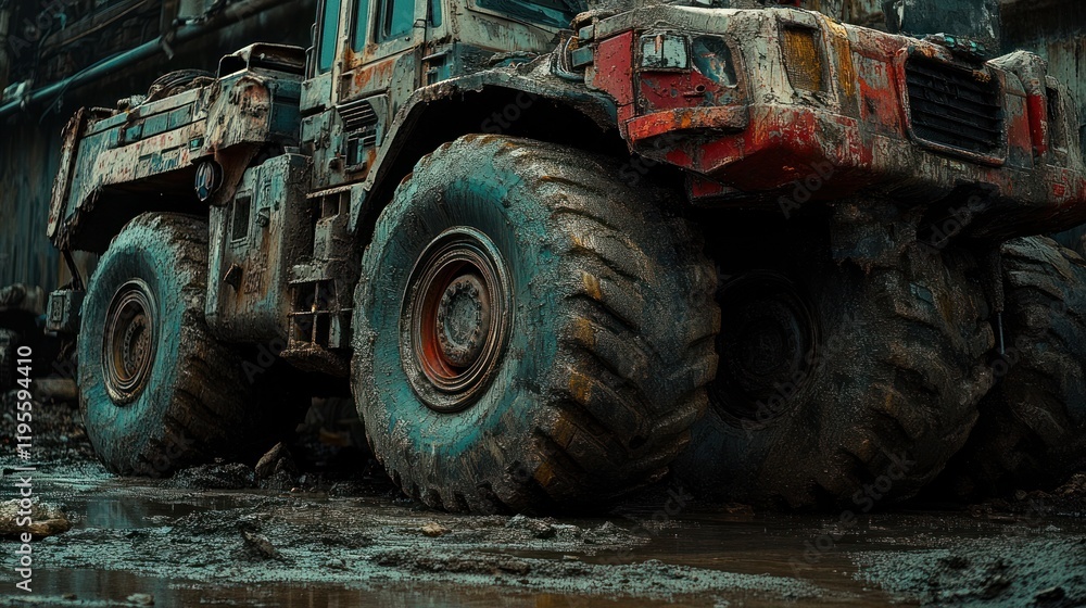 Obraz premium Mud-caked heavy-duty truck close-up.