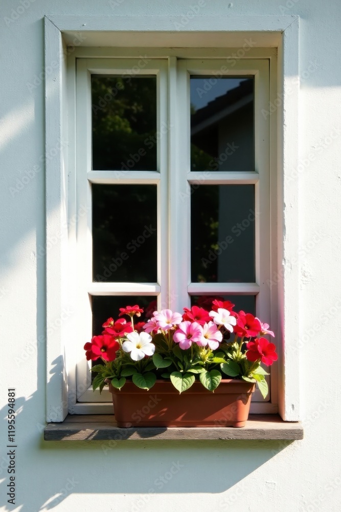 Brightly colored flowers in a window box, adding cheer to a simple white window frame, basking in the sunlight. Brightly colored flowers in a window box, adding cheer to a simple white window frame, basking in the sunlight.