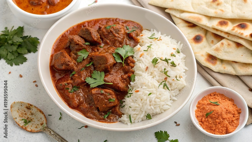 Delicious beef madras curry served with fragrant rice and fresh naan bread garnished with herbs Delicious beef madras curry served with fragrant rice and fresh naan bread garnished with herbs
