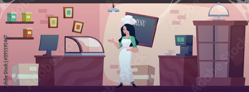 Abandoned bakery shop interior with upset chef woman, vector furniture counter, showcase, destroyed confectionery cobweb