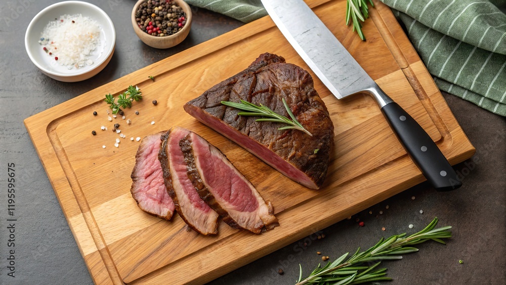 Close view of succulent beef picanha resting on a wooden cutting board surrounded by spices and herbs Close view of succulent beef picanha resting on a wooden cutting board surrounded by spices and herbs