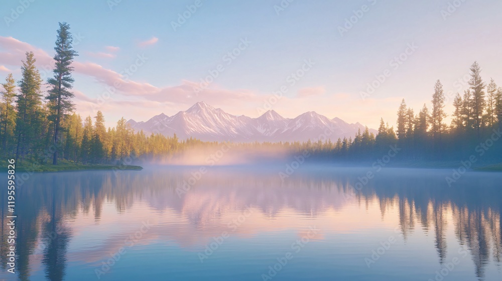 Misty Mountain Lake Sunrise, Serene Landscape Misty Mountain Lake Sunrise, Serene Landscape