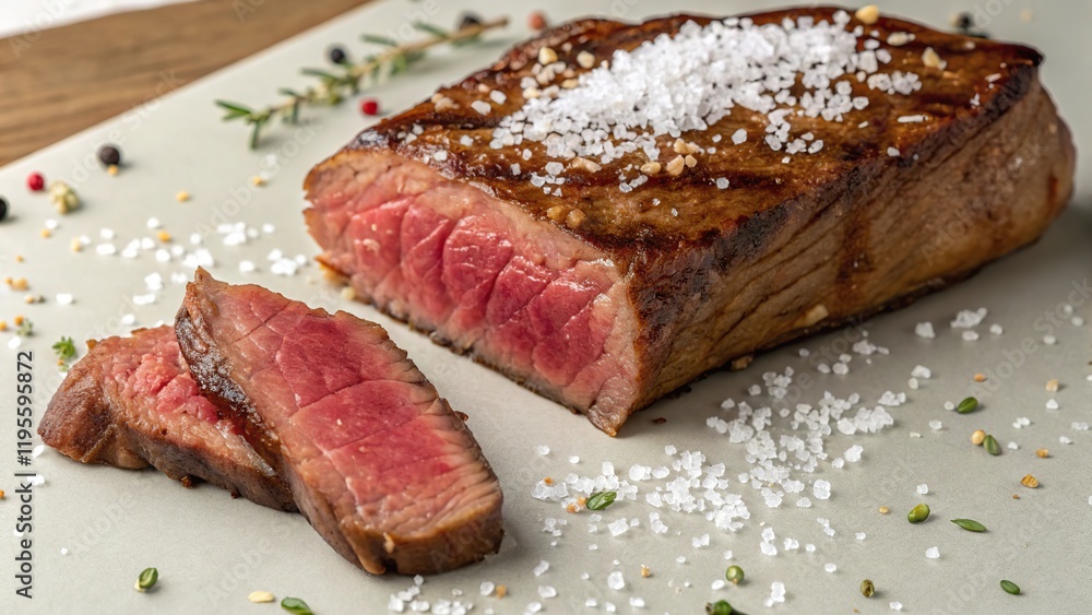 Perfectly cooked beef picanha with a sprinkle of seasoning on a plate Perfectly cooked beef picanha with a sprinkle of seasoning on a plate