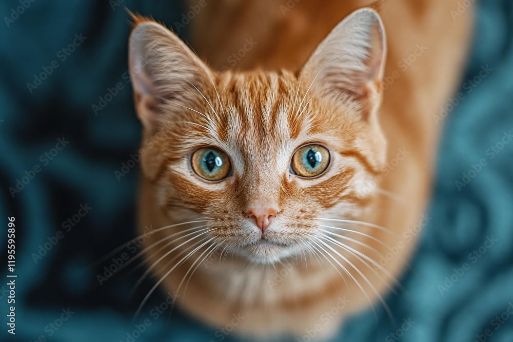 Ginger cat staring with intense look on teal background Ginger cat staring with intense look on teal background
