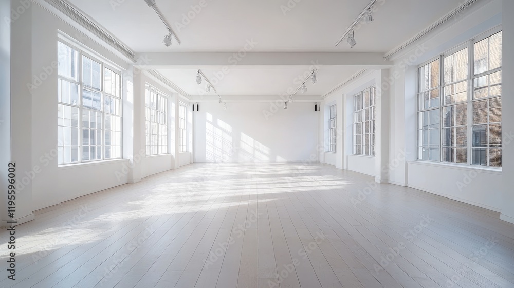 Fototapeta premium Bright and Spacious Empty Room with Large Windows and Clean Wooden Floor Ideal for Various Creative Projects