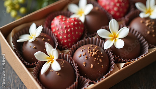 Assorted chocolates with flowers in box