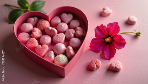 Pink chocolate candies in heart-shaped box