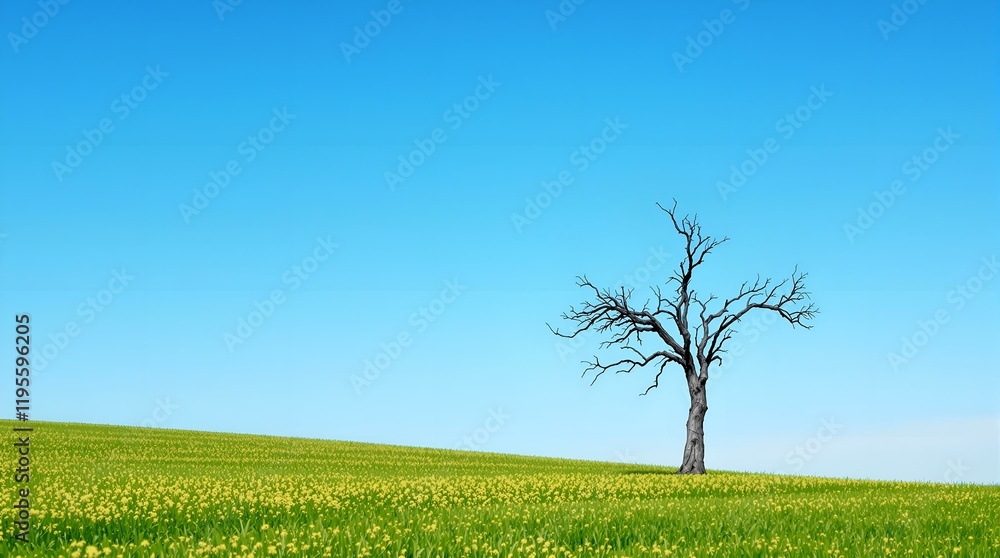 Fototapeta premium single old tree without leaves on empty green fields, against a clear blue sky. dead tree wallpaper background
