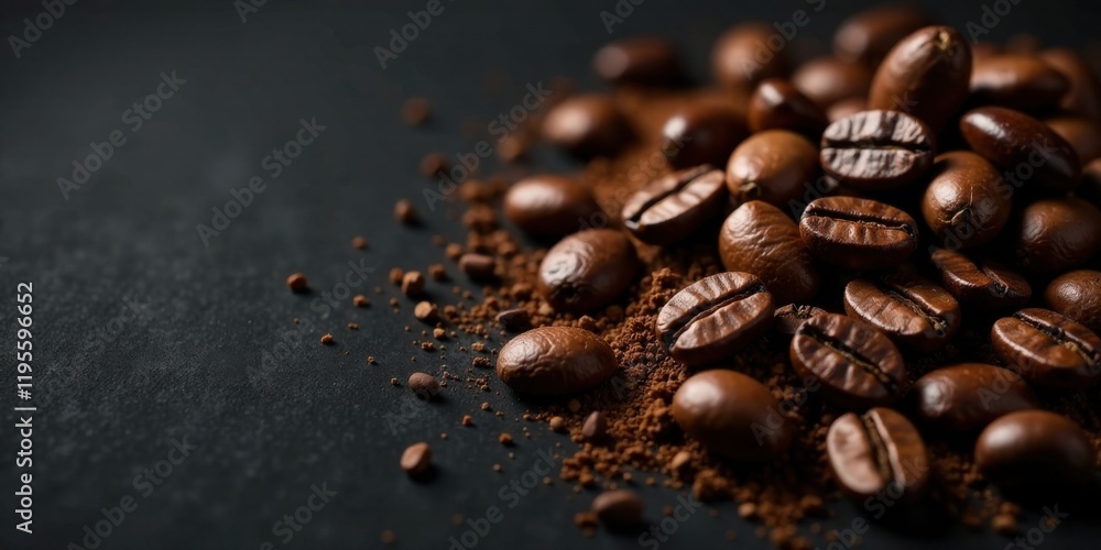 Aromatic roasted coffee beans and finely ground powder rest on a dark surface Aromatic roasted coffee beans and finely ground powder rest on a dark surface
