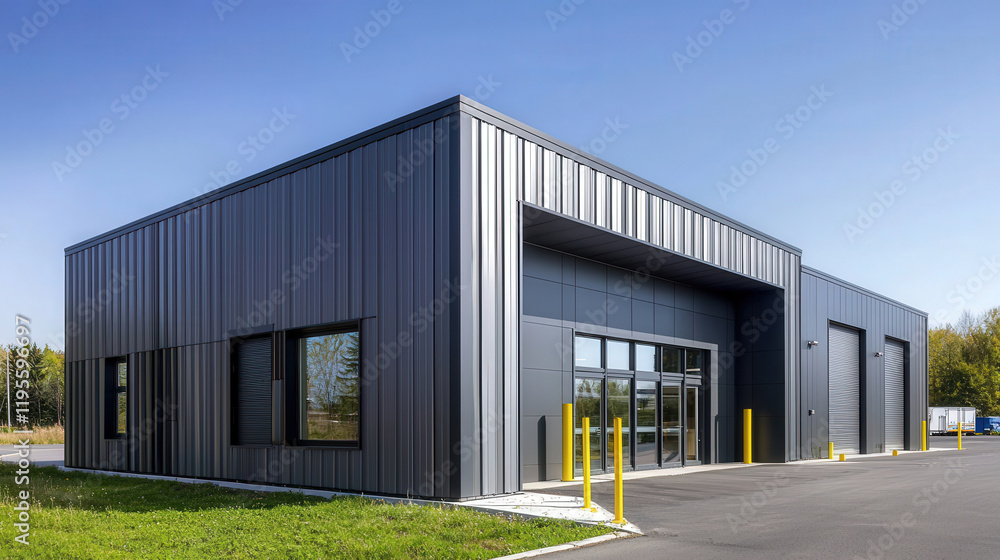 Modern Industrial Building with Sleek Metal Facade and Clear Blue Sky, Designed for Versatile Use in Commercial or Industrial Applications Modern Industrial Building with Sleek Metal Facade and Clear Blue Sky, Designed for Versatile Use in Commercial or Industrial Applications