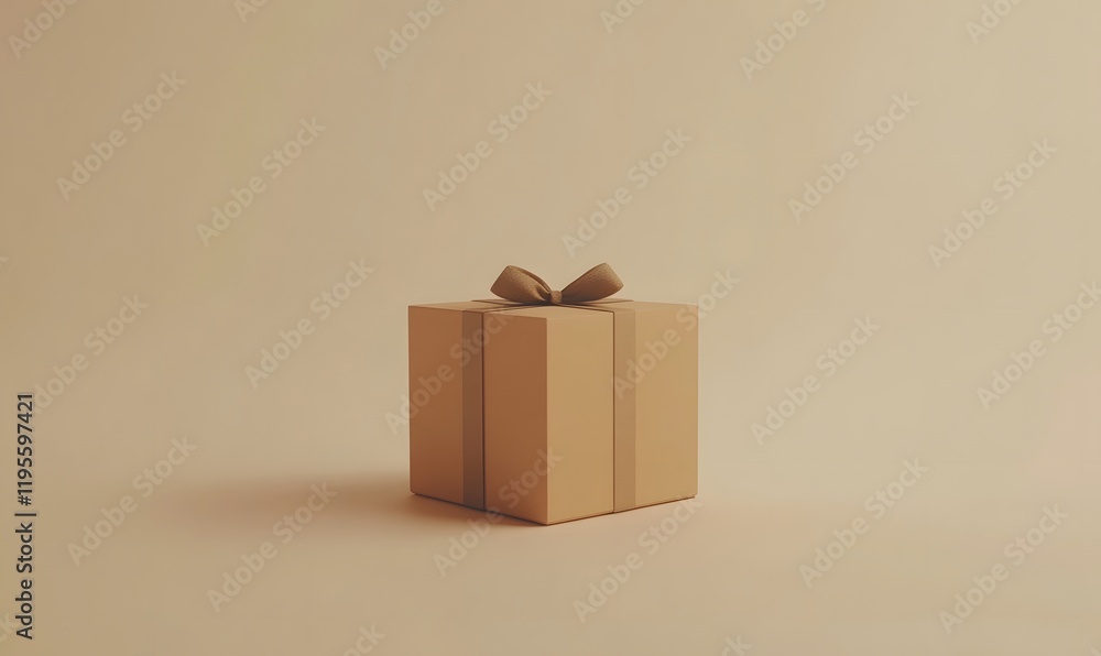 Obraz premium Simple beige gift box with bow on light background.