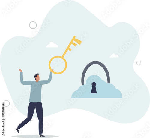 Cloud security system to protect information for remote work, secure shield technology fore safety access online company server.flat characters.