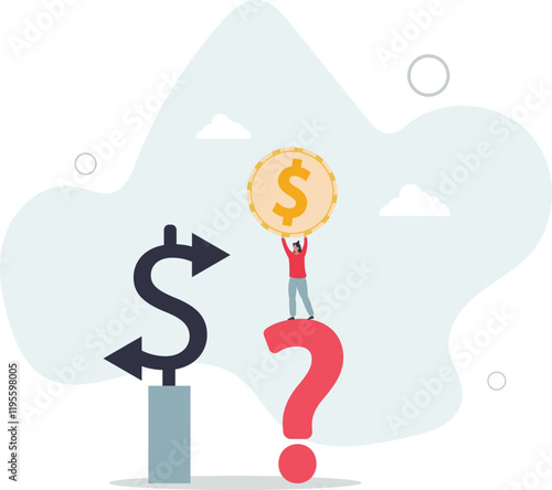 Money decision, investment choice or option to make profit, buy or rent, pay off debt or invest, select best earning asset.flat characters.