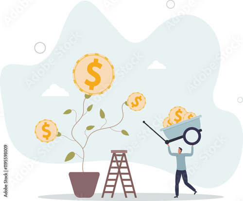 Harvest money from investment profit or earning, growing wealth or stock market prosperity, economic boom, savings or investing concept.flat characters.