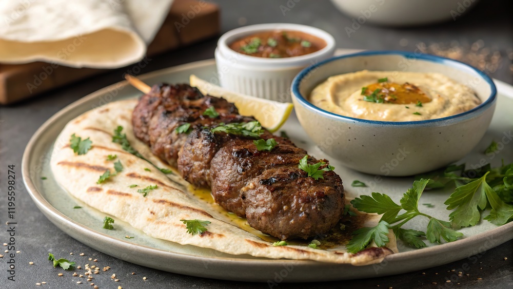 Delicious beef kofta served with creamy hummus and salsa in a casual dining setting Delicious beef kofta served with creamy hummus and salsa in a casual dining setting