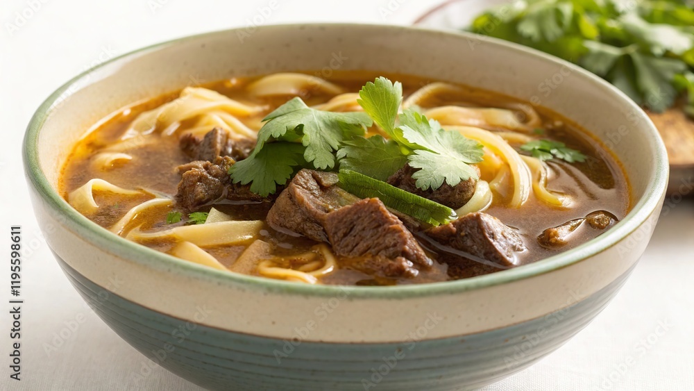 Delicious beef noodle soup served in a deep ceramic bowl with fresh herbs Delicious beef noodle soup served in a deep ceramic bowl with fresh herbs