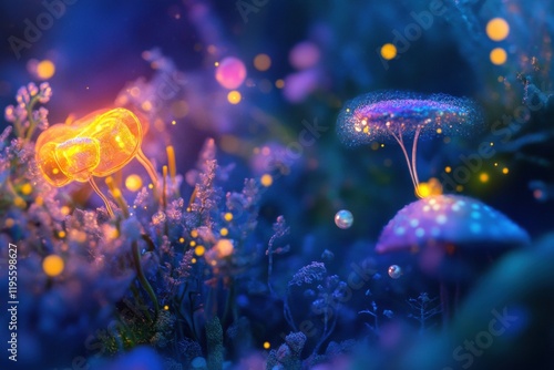 Magical microscopic ecosystem filled with friendly microbes and glowing flora under a mystical blue light. Generative AI photo