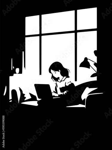 black and white sketch girl working at computer