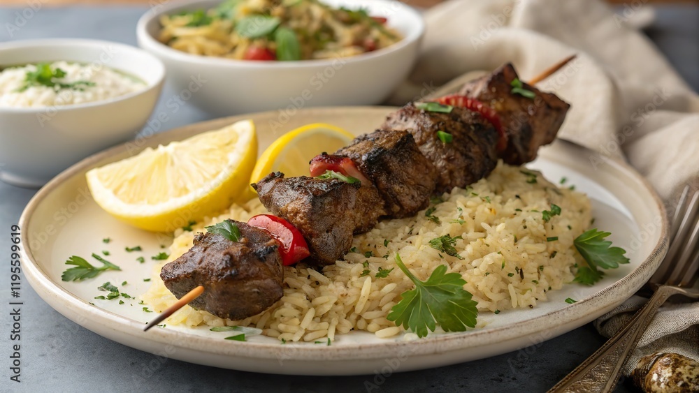 Savory beef shish kebabs served on rice with fresh lemon and herbs for a delicious meal Savory beef shish kebabs served on rice with fresh lemon and herbs for a delicious meal