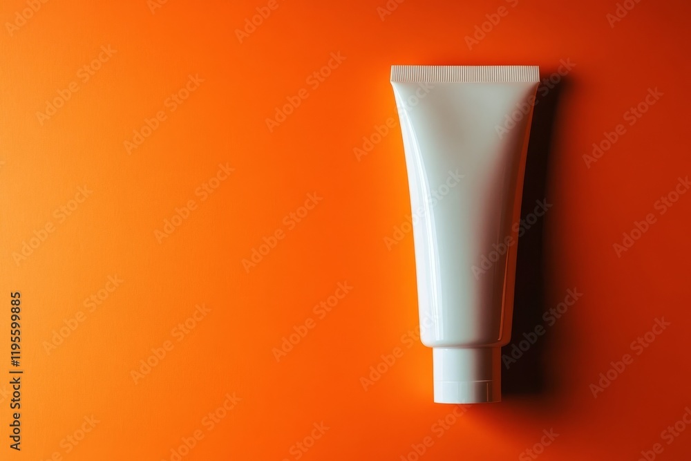 Minimalist white cosmetic tube on vibrant orange background Minimalist white cosmetic tube on vibrant orange background