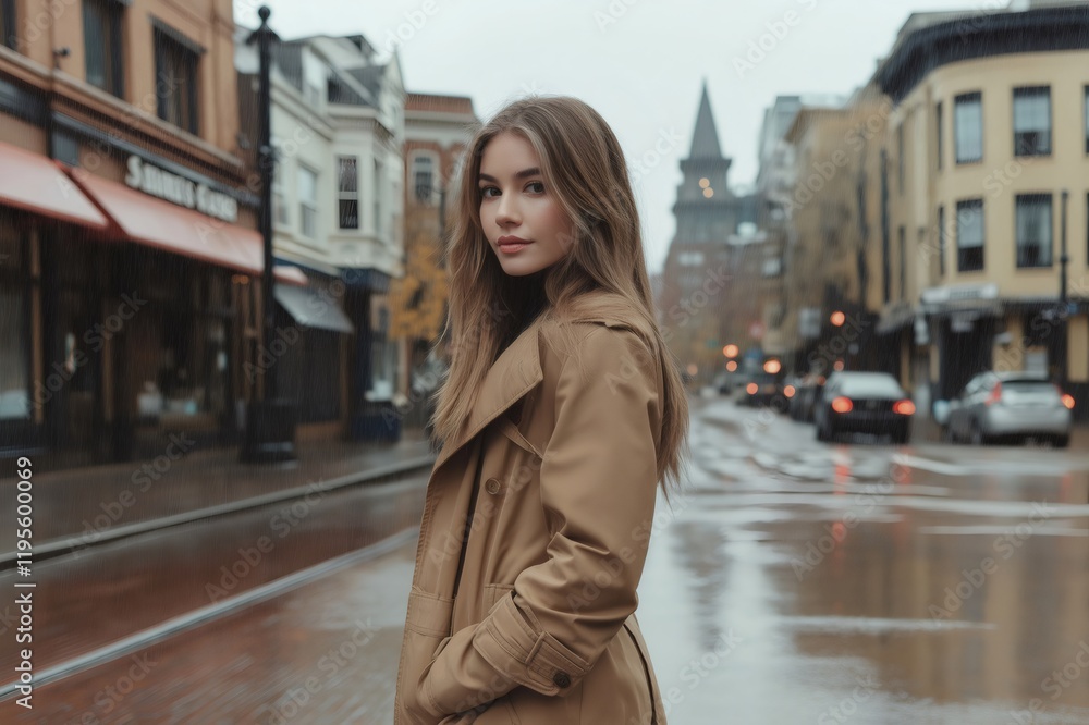Fototapeta premium Fashion model wearing a stylish trench coat, posing confidently on a rainy city street, embodying urban elegance and autumn vibes