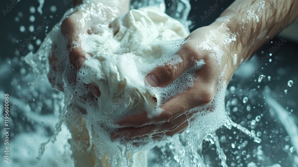 Fototapeta premium Hands Washing a Cloth in Soapy Water with Bubbles and Splashes in a Close-Up View