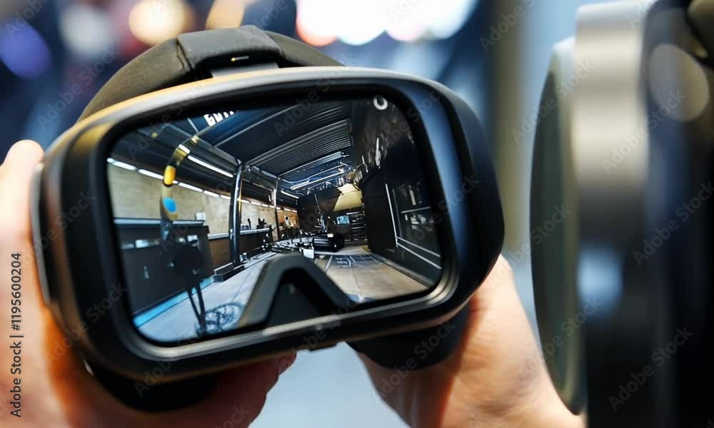 Person using a virtual reality headset in a modern office environment with tech elements in background Person using a virtual reality headset in a modern office environment with tech elements in background