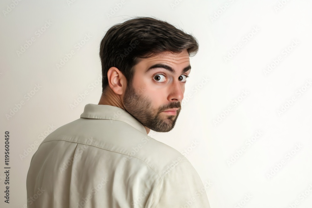 Fototapeta premium Portrait of a young man glancing over his shoulder with a suspicious expression, set against a clean white background