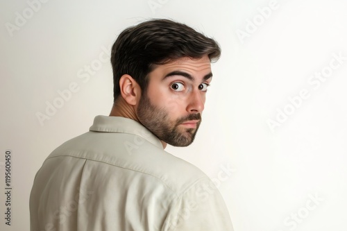 Portrait of a young man glancing over his shoulder with a suspicious expression, set against a clean white background