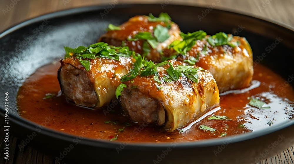 Eggplant aubergine rolls with meat in tomato sauce Eggplant aubergine rolls with meat in tomato sauce