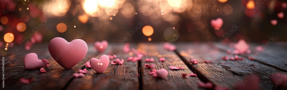 Pink and white heart shapes scattered on a wooden surface with bokeh lights. Perfect for Valentine's Day and romantic themes. Pink and white heart shapes scattered on a wooden surface with bokeh lights. Perfect for Valentine's Day and romantic themes.