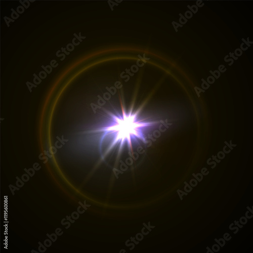 Rainbow Crystal Star Effects: Optical Light Rays with Red, Yellow, and Blue Glows. Sunlight Reflections and Lens Glare Sparkles for Creative and Artistic Vector Design