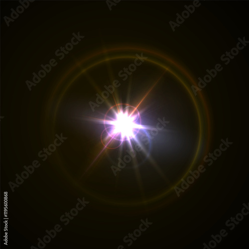 Light flare, shine flash sparkle or star glow ray or beam, realistic vector sunlight. Light glare with blur or bokeh flare effect background, shiny spark or bright starlight with lens flare effect