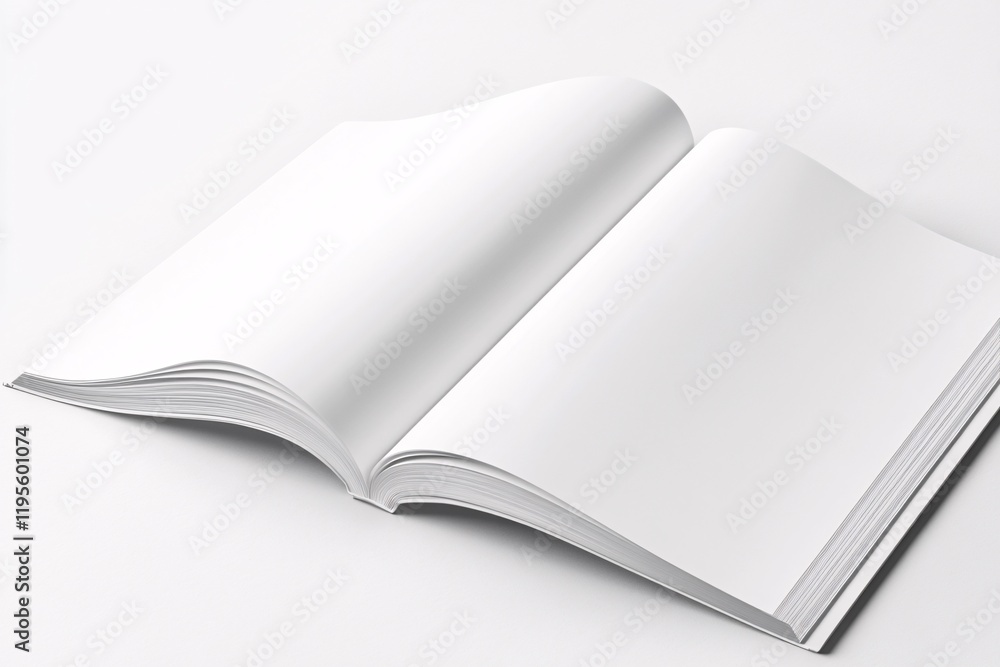 Open book mockup lying on white table with blank pages Open book mockup lying on white table with blank pages