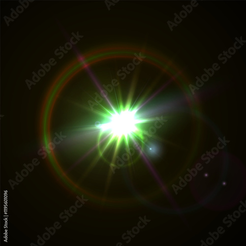 Light flare, shine flash sparkle or star glow ray or beam, realistic vector sunlight. Light glare with blur or bokeh flare effect background, shiny spark or bright starlight with lens flare effect