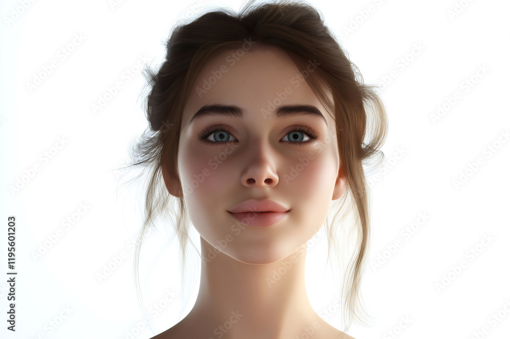 Fototapeta premium Realistic 3D rendered portrait of a young woman with soft features and light blue eyes, conveying a sense of love and happiness