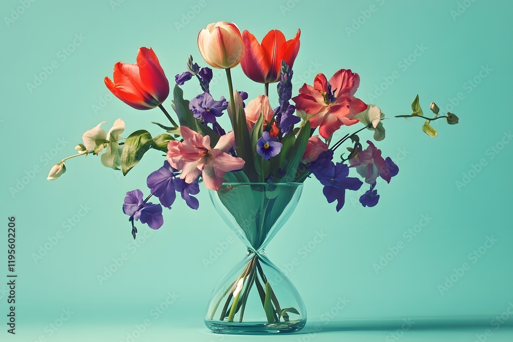 Obraz premium Colorful spring flowers arranged beautifully in a unique glass vase against a teal background