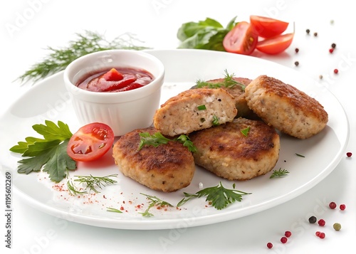 Plate with meat cutlets isolated on white background