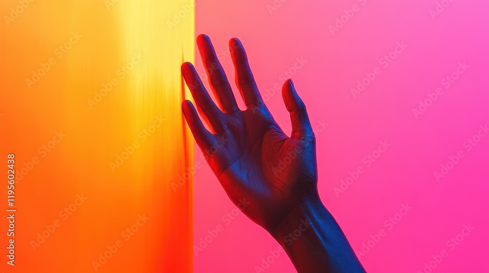 Creative Hand Gesture Against Vibrant Color Background Fusing Orange and Pink Shades in Artistic Expression Creative Hand Gesture Against Vibrant Color Background Fusing Orange and Pink Shades in Artistic Expression