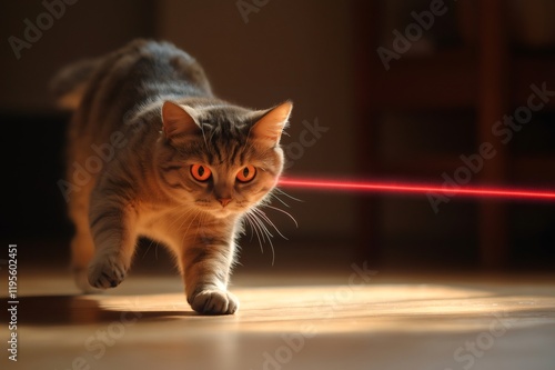 Playful cat chasing a vibrant red laser pointer beam across a wooden floor in a cozy home, showcasing adorable feline antics photo