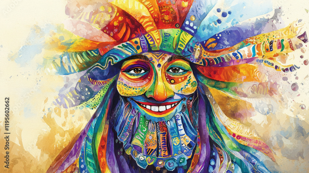 Fototapeta premium Vibrant Watercolor Illustration of a Colorful Masked Figure Celebrating Cultural Festivity. Concept of joyous celebration, colorful art, cultural traditions. Purim