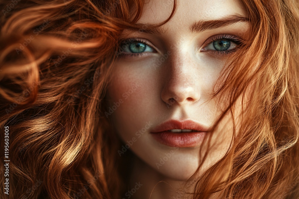 Beautiful redhead model posing with flowing hair and striking eyes Beautiful redhead model posing with flowing hair and striking eyes