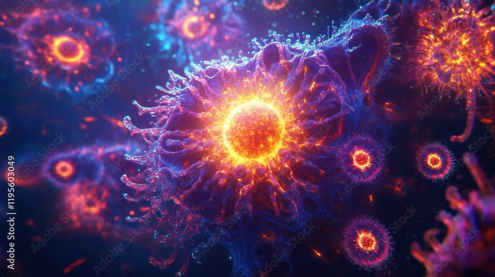Fototapeta premium Glowing cell surrounded by menacing viruses in a vibrant, microscopic environment during a biological conflict. Generative AI