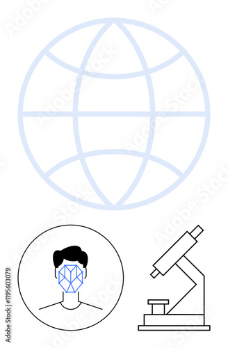 Human face with recognition grid, globe network, and microscope highlight innovation in biometrics, research, and global technology. Ideal for security, data, science, AI education healthcare