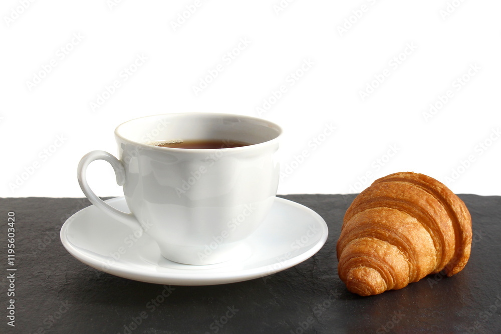 A cup of coffee with a croissant is on the table. A cup of coffee with a croissant is on the table.