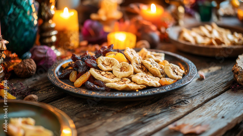 Close-up of a Festive Purim Celebration with Plate of Hamantaschen Cookies and Dried Fruits. Concept of Jewish Traditions, Festive Food. Purim photo