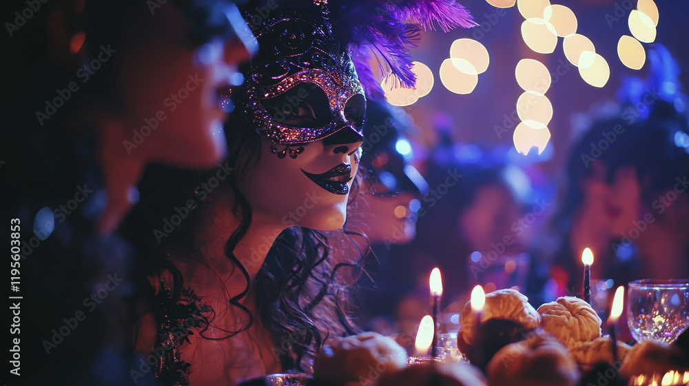 Lively Masquerade Party with People in Colorful Masks and Costumes. Concept of Purim Celebration, Festive Gathering, Mystery. Purim Lively Masquerade Party with People in Colorful Masks and Costumes. Concept of Purim Celebration, Festive Gathering, Mystery. Purim