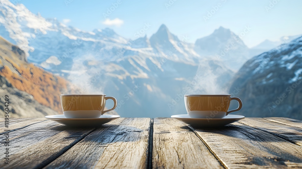 Two cup of hot coffees with mountain background Two cup of hot coffees with mountain background